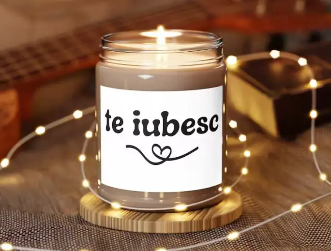 A soy wax candle with "te iubesci"