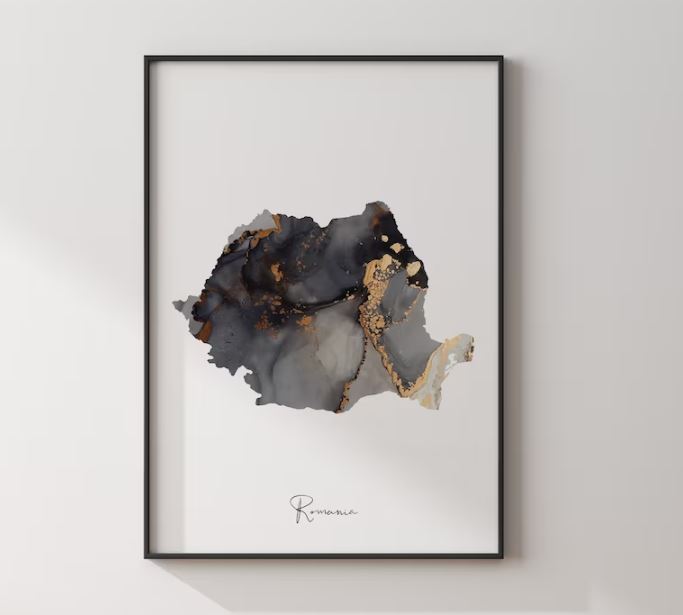A poster with the map of Romania in marble colors