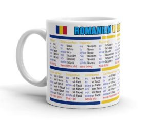 A coffee mug with a print of Romania verb conjugation
