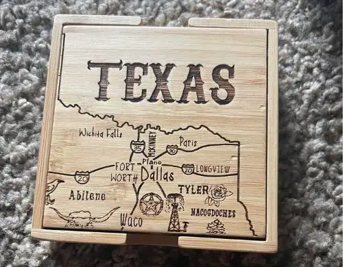 Texas gift ideas A wooden coaster with a part of the map of Texas