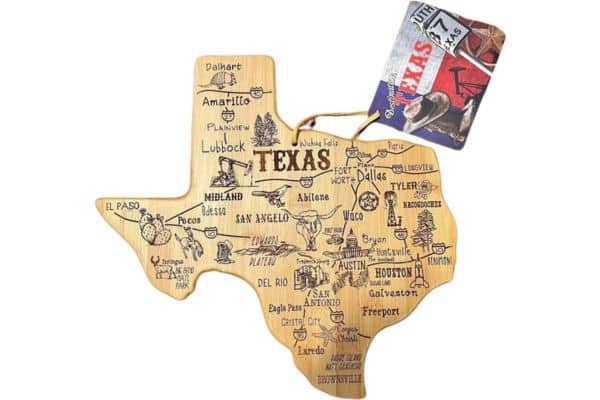 Texas gift ideas A bamboo cutting board in the shape of the map of Texas with icons of highlighst from the state