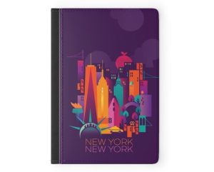 A ciolorful passport cover with the New York City skyline