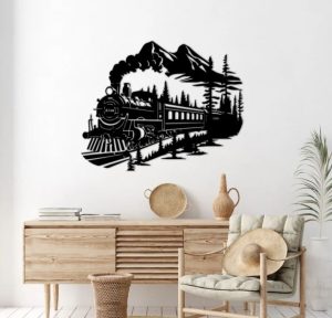 gifts for train lovers A piece of metal decoration in the shape of a train on the wall
