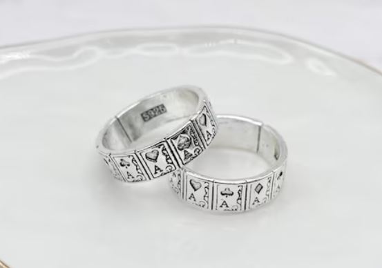 gifts for card players two silver rings with the aces in the four suits