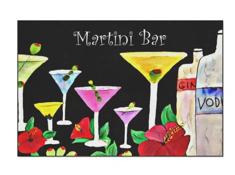 A doormate with martini glasses and "martini bar"