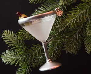 A Christmas ornament in the shape of a martini glass