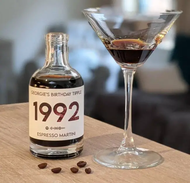 A personalized espresso martini bottle with the year 1992