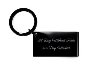gifts for trivia lovers A black keychain with a funny text for trivia players