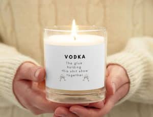 gifts for vodka lovers A candle with the label "Vodka, the glue that holds this shit show together"
