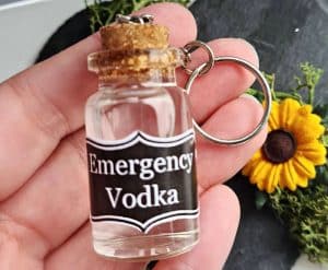 gifts for vodka lovers A keychain with a small bottle with the label 'Emergency vodka"