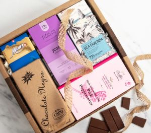 A chocolate gift basket with international chocolate bars