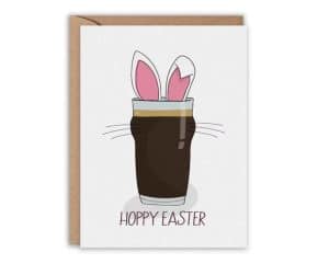 Easter pun card with a glass of beer and bunny ears and the text "Hoppy Easter"