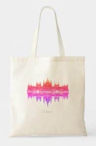A tote bag with a colorful image of the parliament building in Budapest