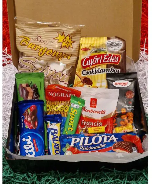 A snack basket with snacks from Hungary