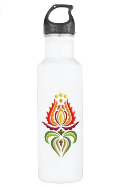 A white water bottle with a print of Hungarian embroidery