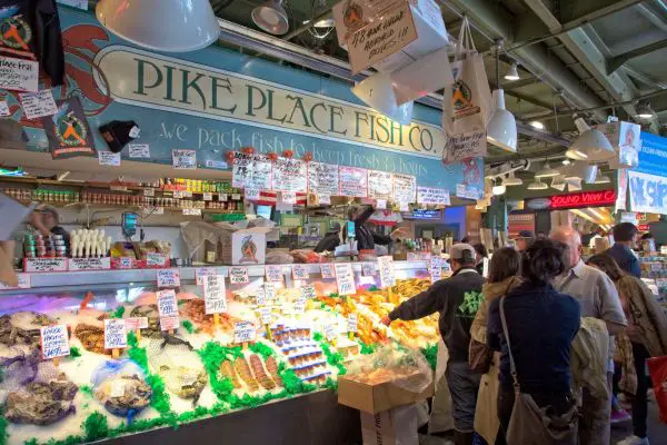 Seattle gifts A fish stall ath Pike Place Market in Seattle
