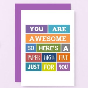 funny promotion congratulation messages promotion card with "you are awesome, so here's a paper high five just for you"