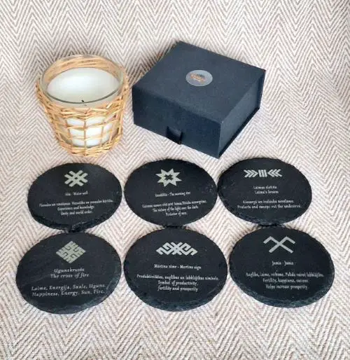 Latvian gifts A set of coasters with Baltic and Latvian symbols and their meanings