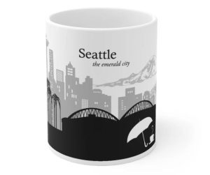 Seattle gifts A white mug with the skyline of Seattle