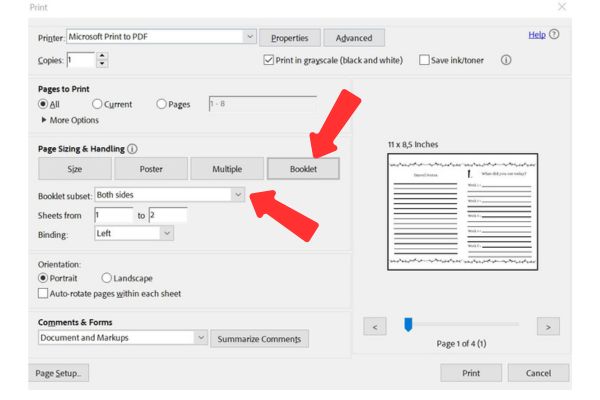 printer settings with arrows to print a booklet