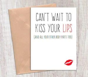 Funny long distance relationship quotes card with "can't wait to kiss your lips and other parts too"