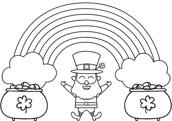 st-patrick-day-coloring-1 A St Patrick's Day coloring page of a leprechaun and two pots of gold and a rainbow