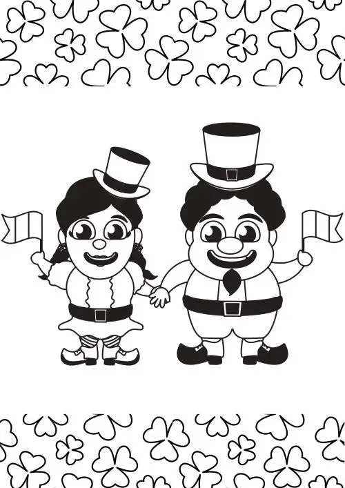 st-patrick-day-coloring-15 St Patrick's Day coloring sheet with shamrocks and two leprechauns