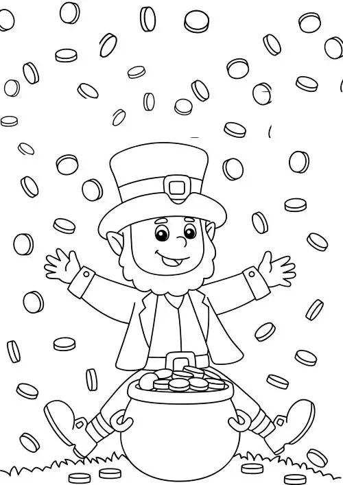 st-patrick-day-coloring-16 St Patrick's Day coloring page with a leprechaun and a pot of gold