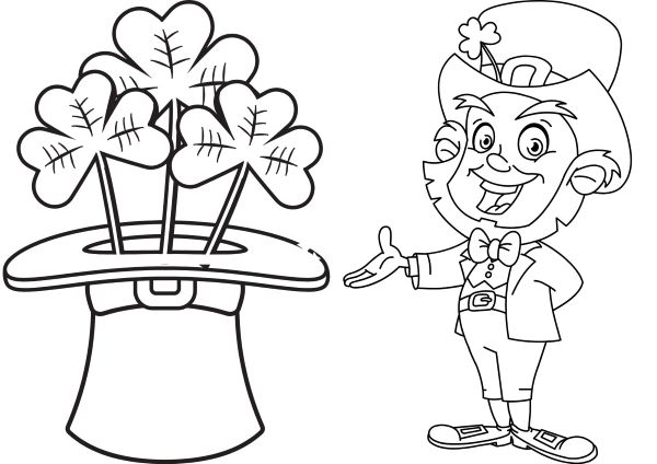 st-patrick-day-coloring-7 St Patrick's Day coloring sheet with a hat, leprachaun and clovers