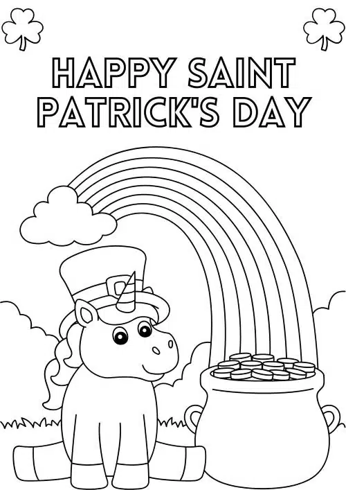 st-patrick-day-coloring-9 Happy St Patrick's Day coloring sheet with a rainbow and a pot of gold
